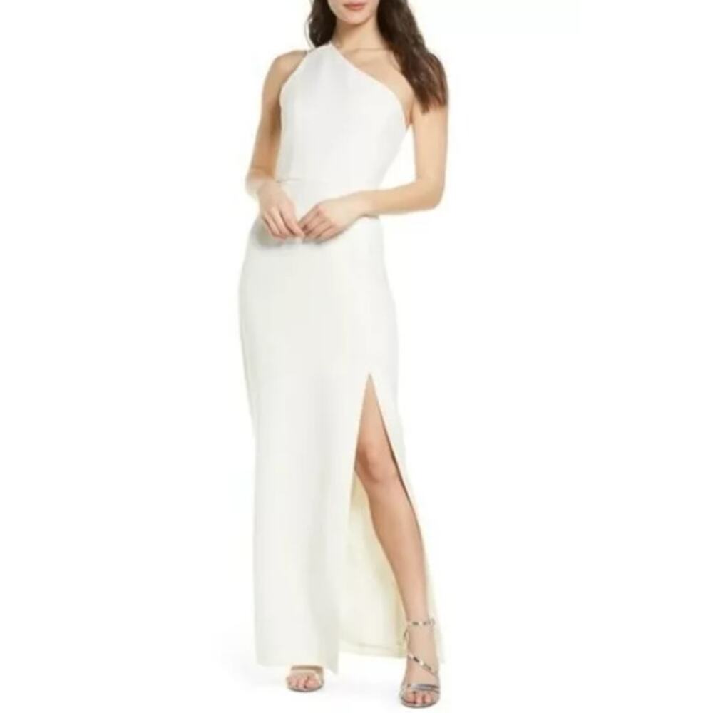 NEW WAYF Anthropologie The Lenore One Shoulder Column Slit Party Dress Size L